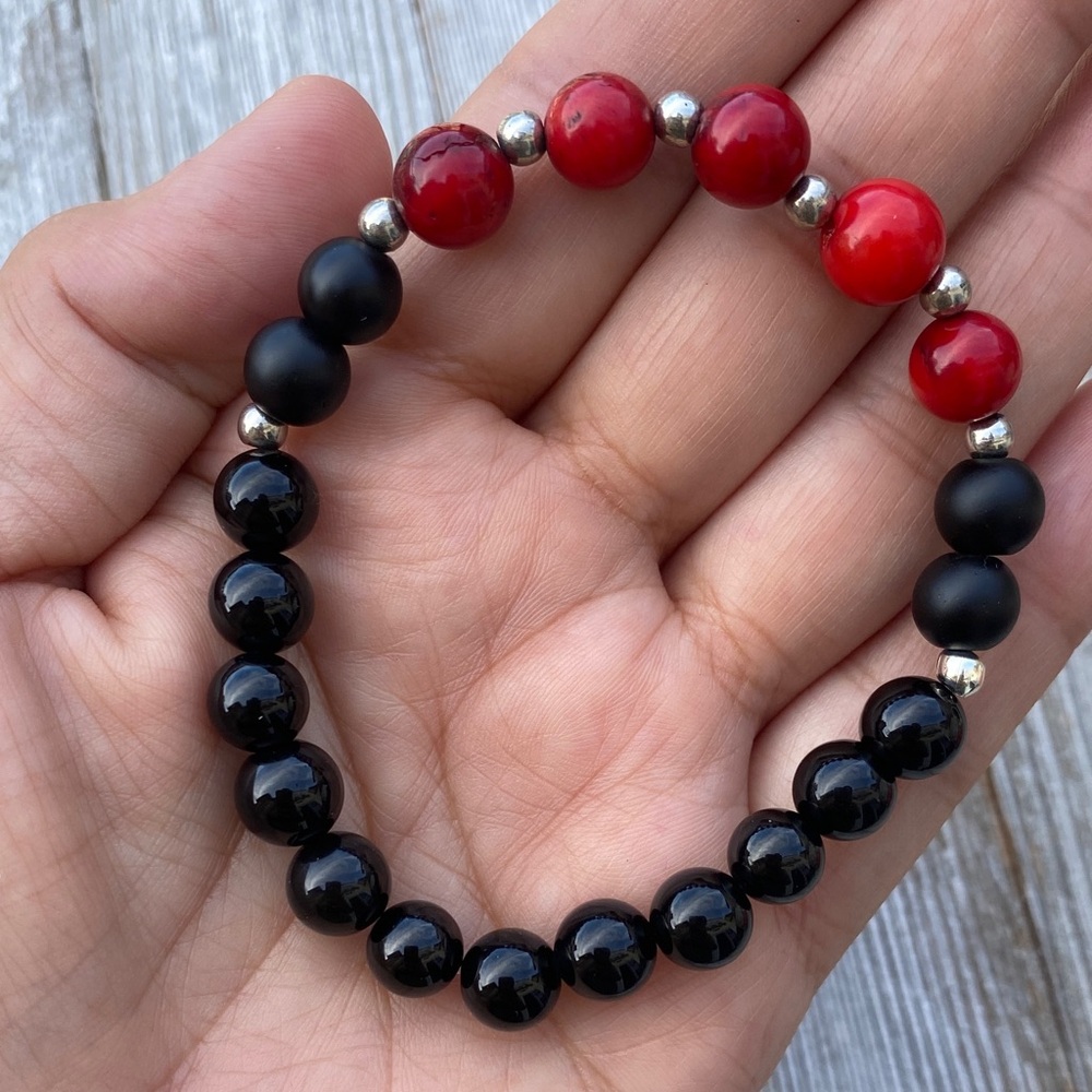 Black Tourmaline, Matte Onyx & Red Coral Stretch Bracelet 7.5"